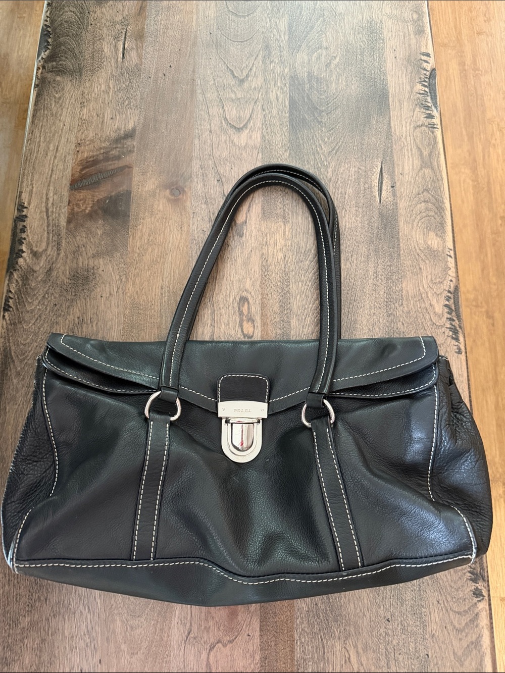 Prada Black Leather Shoulder Bag with White Stitching